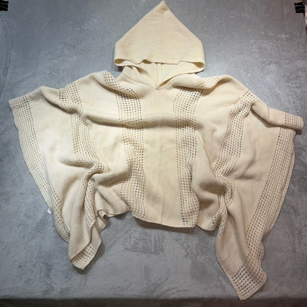 Boho Cream Hooded Knit Poncho Pointelle Stripe Oversized Layering Wrap One Size